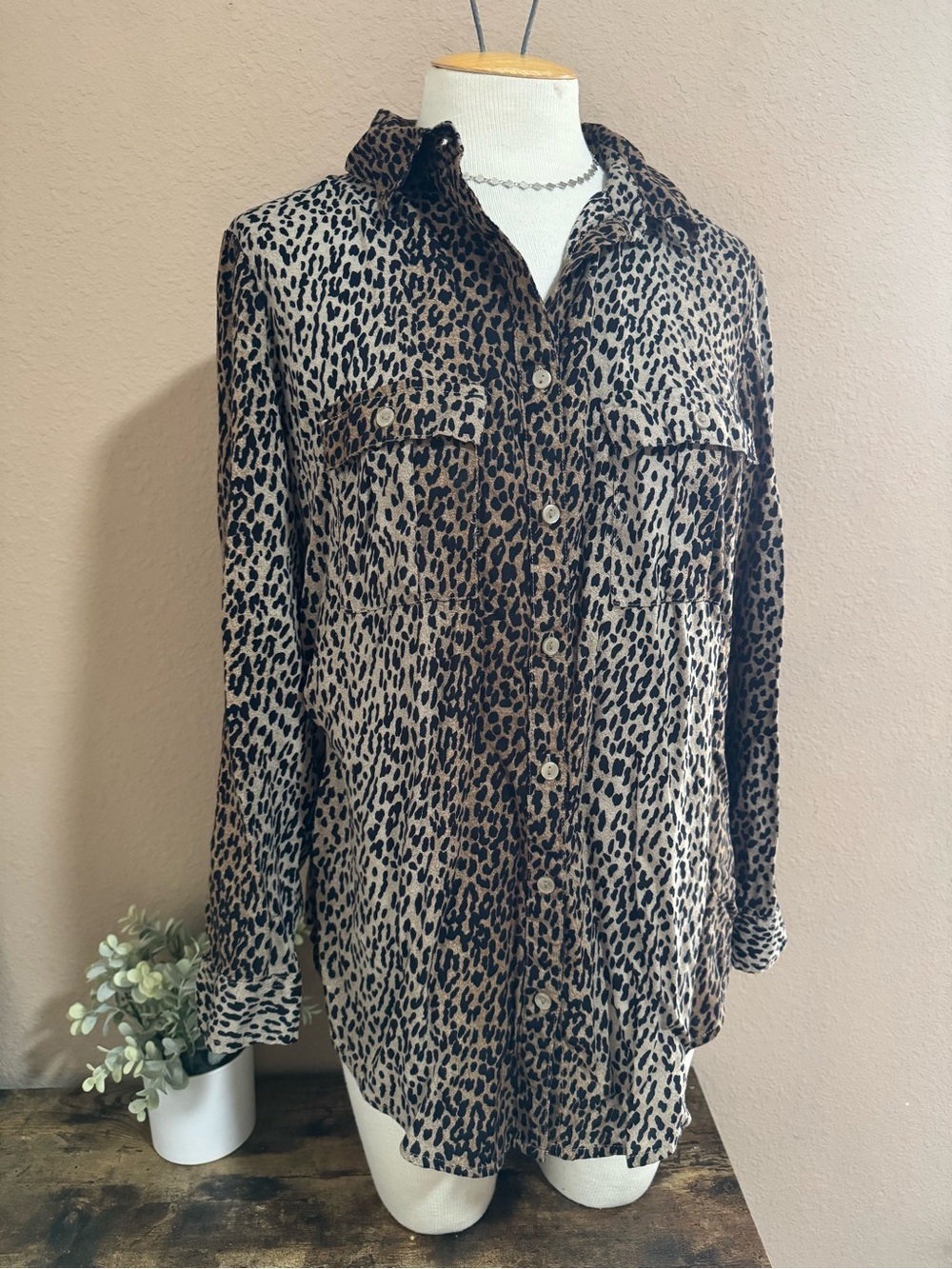 Faded Glory Brown and Black Cheetah Print Button-Down Shirt